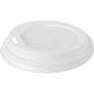 Pictured is a white CPLA lid for 191952 from Duni GmbH (pack of 50 pieces) against a plain background, with a small drinking slot and embossed safety/composting instructions.