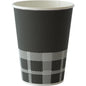 The Izza black printed PAP/PE cup by Duni GmbH is an environmentally friendly, recyclable paper cup with a white interior and a geometric pattern of white squares and rectangles at the bottom edge.