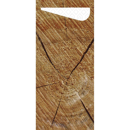 Close-up of a wooden tree trunk in cross-section with visible rings and cracks. At the top edge lies a white, curved Sacchetto tissue 190 x 85 mm from Duni GmbH, shaped like a folded disposable tissue.