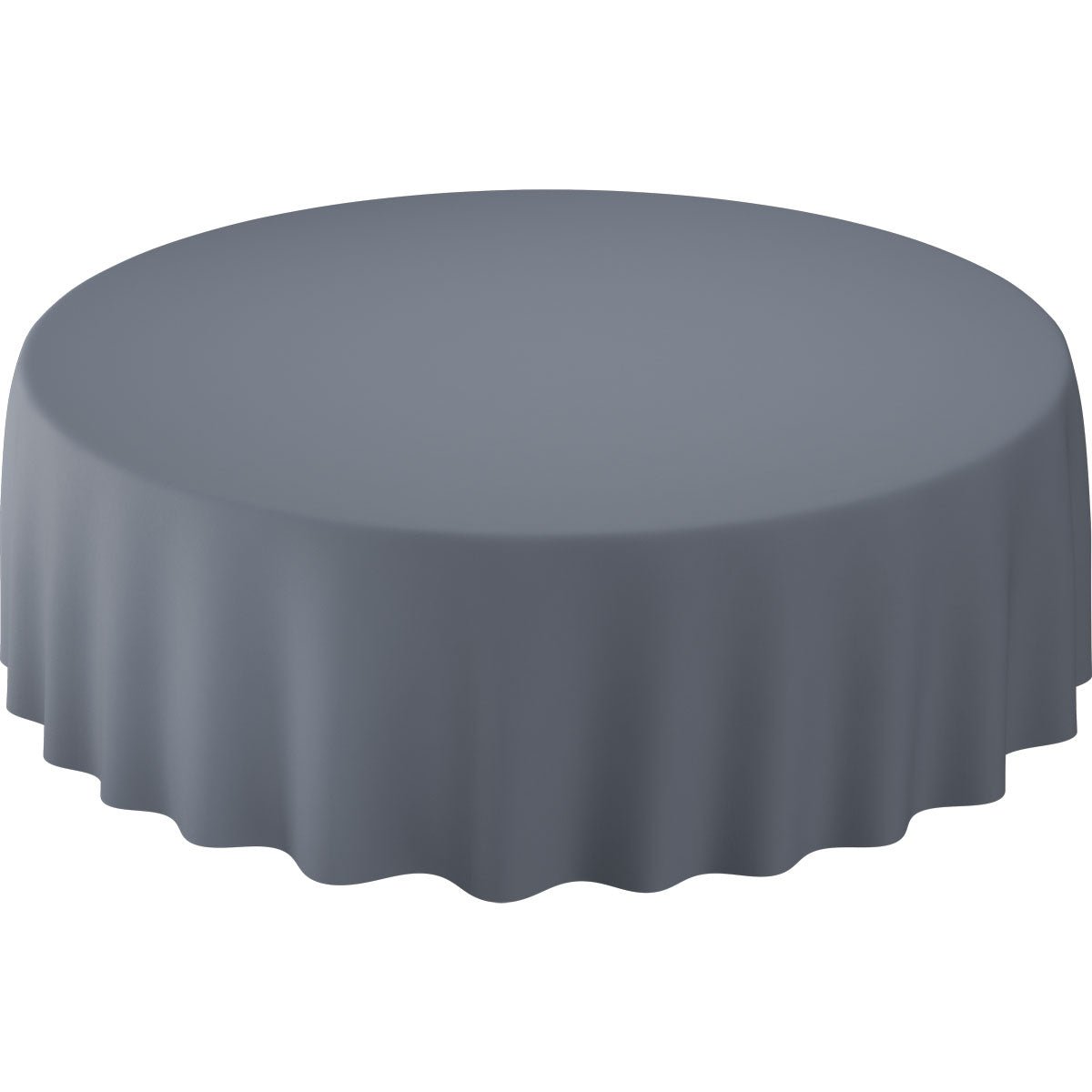 A round table with the Evolin tablecloths Ø 240 cm round from Duni GmbH, featuring a smooth, simple gray surface that elegantly extends over the edges - ideal for a sophisticated setting.
