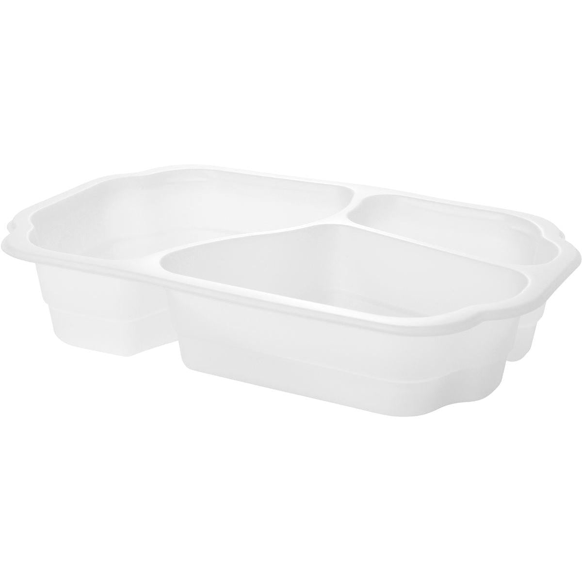 A white bioplastic tray Take-Away 3 from Duni GmbH (250x159x48 mm) is shown at an angle. It features three compartments with rounded edges, separated by raised dividers. The tray is empty and made of plastic.