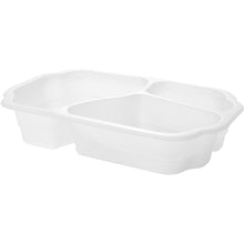 A white bioplastic tray Take-Away 3 from Duni GmbH (250x159x48 mm) is shown at an angle. It features three compartments with rounded edges, separated by raised dividers. The tray is empty and made of plastic.