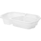A white bioplastic tray Take-Away 3 from Duni GmbH (250x159x48 mm) is shown at an angle. It features three compartments with rounded edges, separated by raised dividers. The tray is empty and made of plastic.
