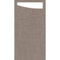 The Sacchetto Dunisoft 230 x 115 mm from Duni GmbH has a light brown, textured fabric, a rectangular white shape at the top edge, and a thin black curved line below the middle, reminiscent of gift wrapping.
