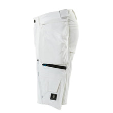 Shorts, removable hanging pockets, stretch craftsman shorts, white