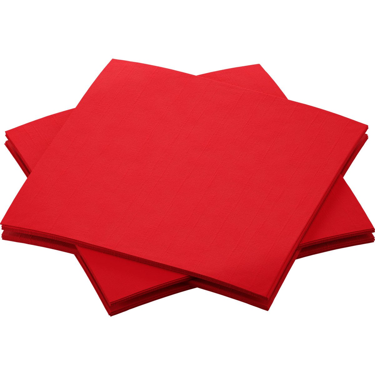 Three stacks of brightly red Dunisoft napkins 20 x 20 cm from Duni GmbH overlap on a white background, showcasing their stylish, square design.