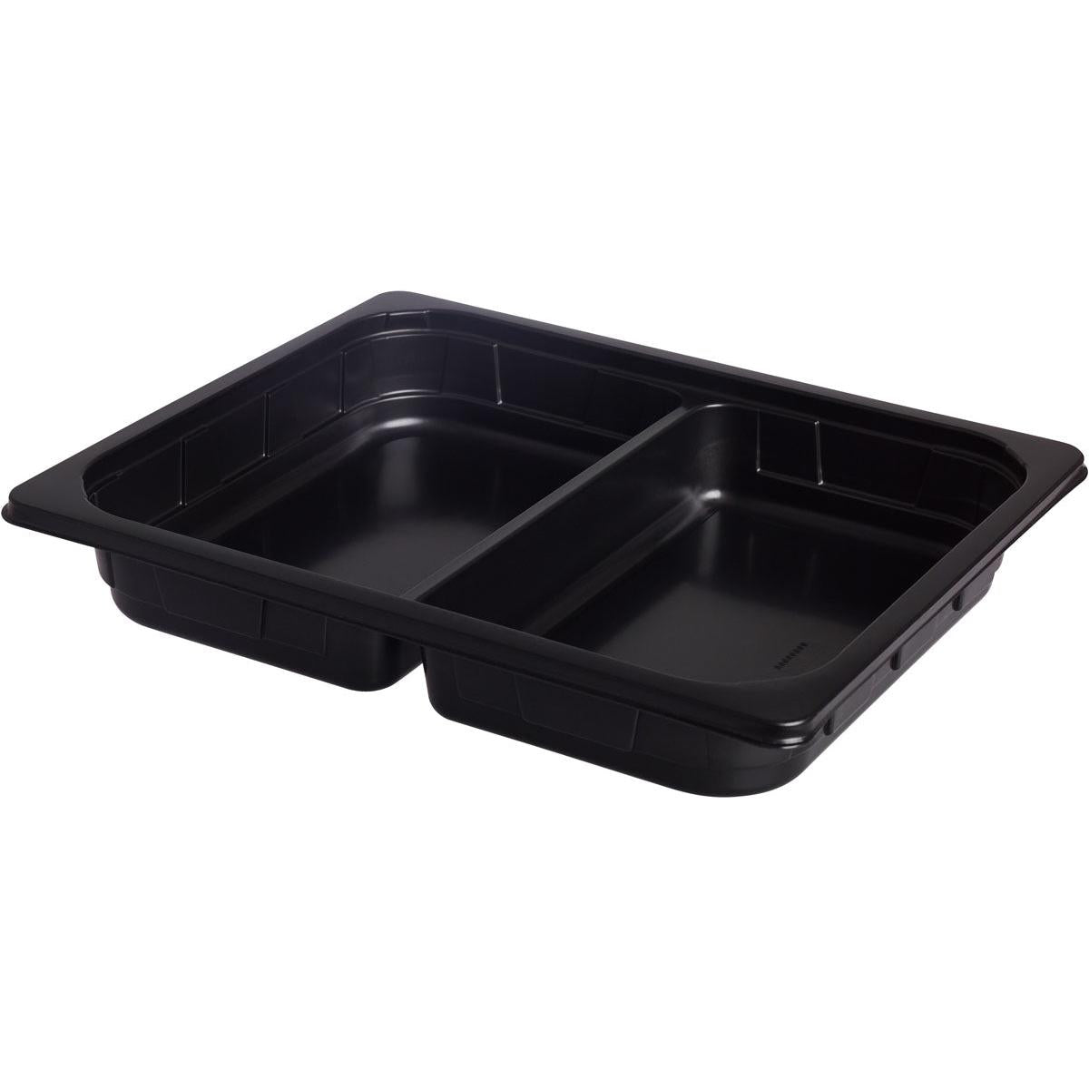 The Duni GmbH PP Bowl 1/2 GN 2 Black, 325x265x50 mm, made of plastic with two separate compartments, is ideal for the catering industry and is delivered in a pack of 100 pieces.