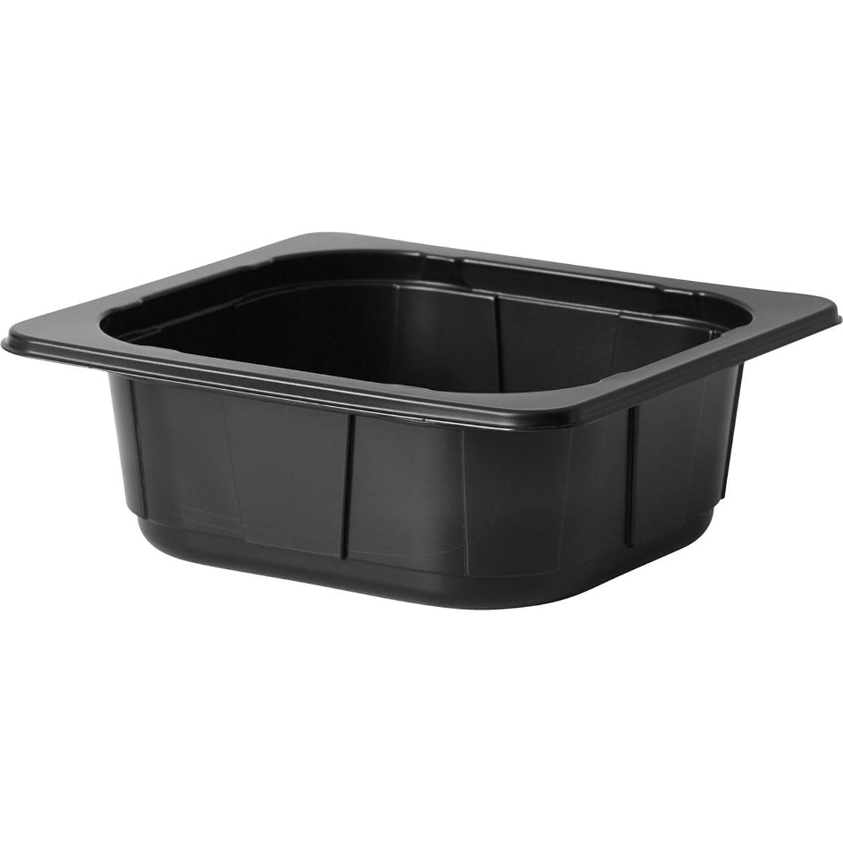 The Duni GmbH PP Bowl 1/6 GN Black (176x162x60 mm, pack of 318 pieces) with its wide rim and tapered sides is ideal for transporting food in the catering industry. Pictured on a plain white background.