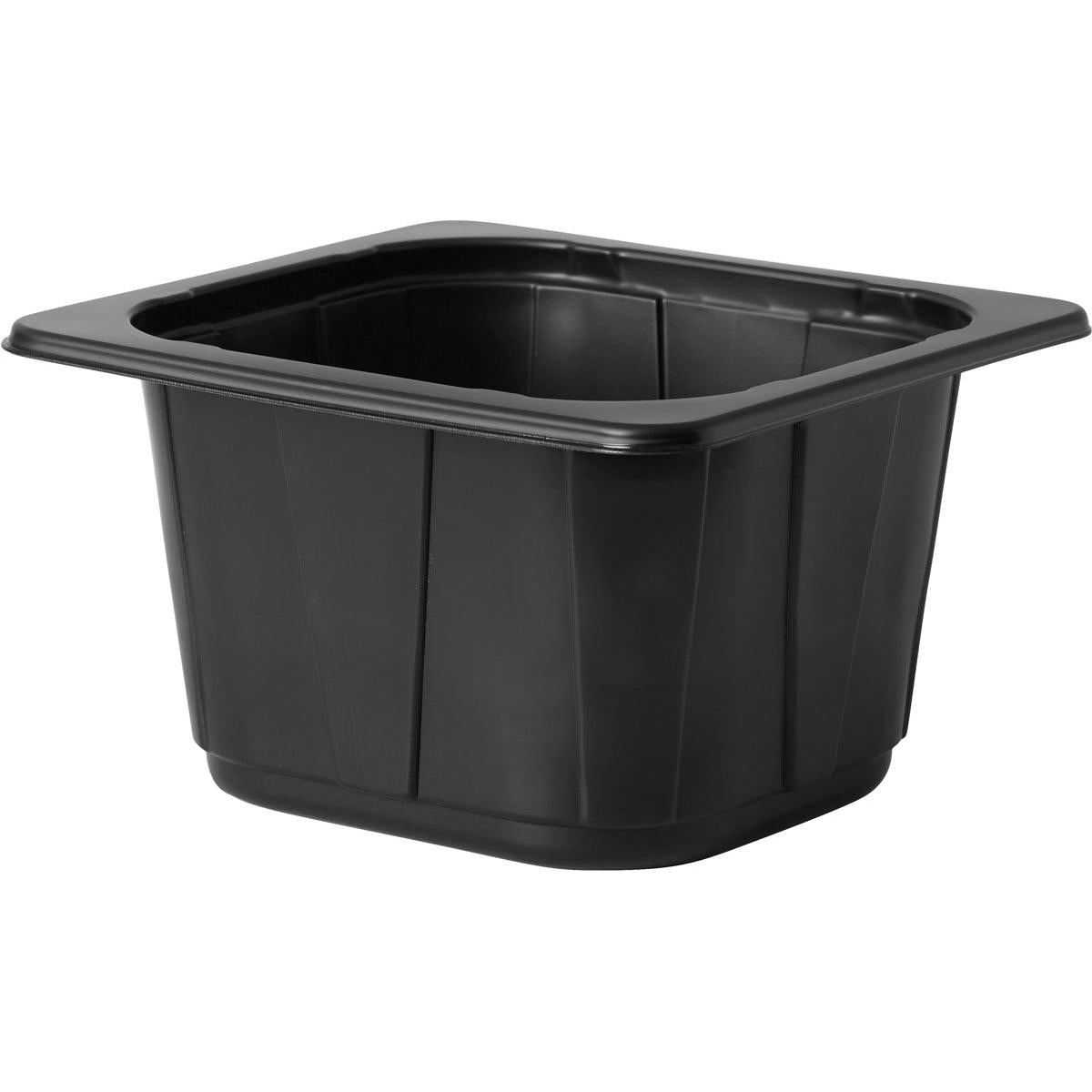 The Duni GmbH PP Bowl 1/6 GN Black (176x162x100 mm) is a black, rectangular PP container with outwardly slanted sides and a wide rim - ideal for gastronomy or catering - available in packs of 300 pieces. Pictured on a white background.