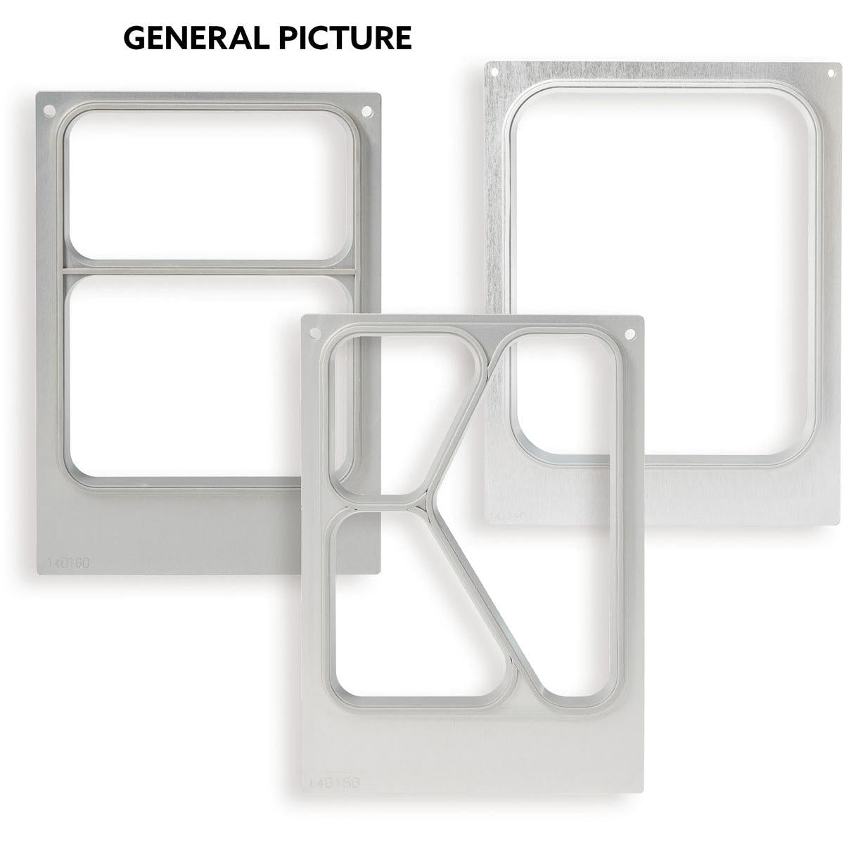 The Duni GmbH cassette DF15/25 for PP 1/6 GN bowls (1000, 1600 ml, 2-uses) is shown in an overall view with various cutouts, ideal for storing GN bowls in gastronomy. At the top of the image: "GENERAL IMAGE" in black.
