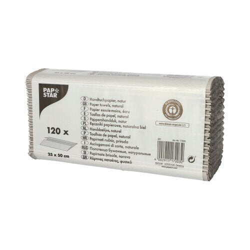 A rectangular package of PAPSTAR C-fold paper towels, 50x25 cm, natural, 1-ply, contains 120 sheets made from 100% recycled paper. The packaging includes product information and dimensions in several languages. Brand: PAPSTAR GmbH.
