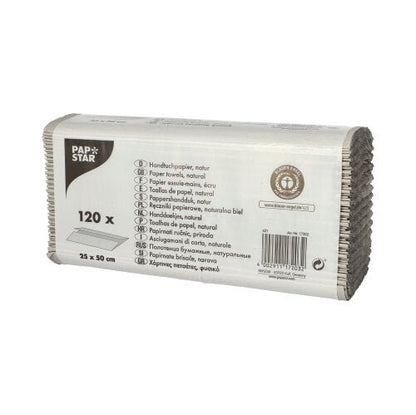 A rectangular package of PAPSTAR C-fold paper towels, 50x25 cm, natural, 1-ply, contains 120 sheets made from 100% recycled paper. The packaging includes product information and dimensions in several languages. Brand: PAPSTAR GmbH.
