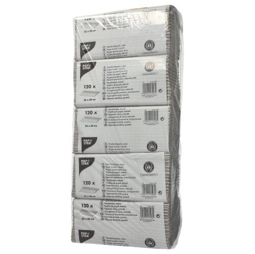 A clear packaging from PAPSTAR GmbH contains six stacks of natural-colored, 1-ply C-fold paper towels (50x25 cm) with the label "120 sheets" made from 100% recycled paper and multilingual product information on the package.