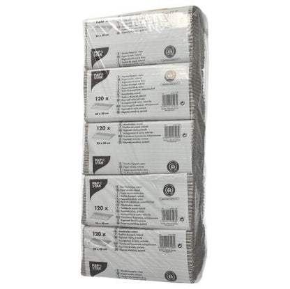 A clear packaging from PAPSTAR GmbH contains six stacks of natural-colored, 1-ply C-fold paper towels (50x25 cm) with the label "120 sheets" made from 100% recycled paper and multilingual product information on the package.
