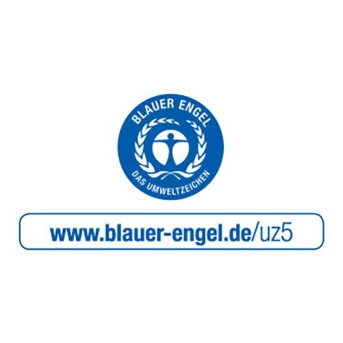 The blue-white logo "Blue Angel The Environmental Label" appears on PAPSTAR C-fold paper towels, 50x25 cm, natural, 1-ply (120 sheets), from PAPSTAR GmbH, made from 100% recycled paper. More info: www.blauer-engel.de/uz5.