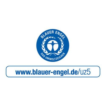 The blue-white logo "Blue Angel The Environmental Label" appears on PAPSTAR C-fold paper towels, 50x25 cm, natural, 1-ply (120 sheets), from PAPSTAR GmbH, made from 100% recycled paper. More info: www.blauer-engel.de/uz5.