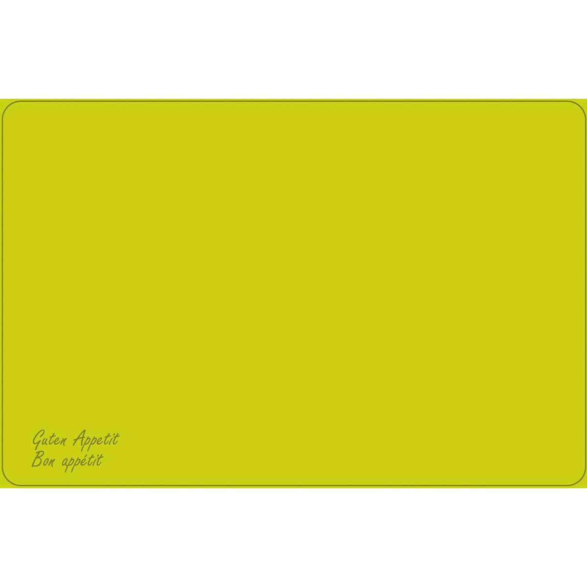 The Duni GmbH Dunicel placemat (Vesca Norm) 33 x 48 cm features a simple yellow rectangle with a thin black border, rounded corners, and "Guten Appetit" and "Bon appétit" in cursive at the bottom left; the rest is empty.