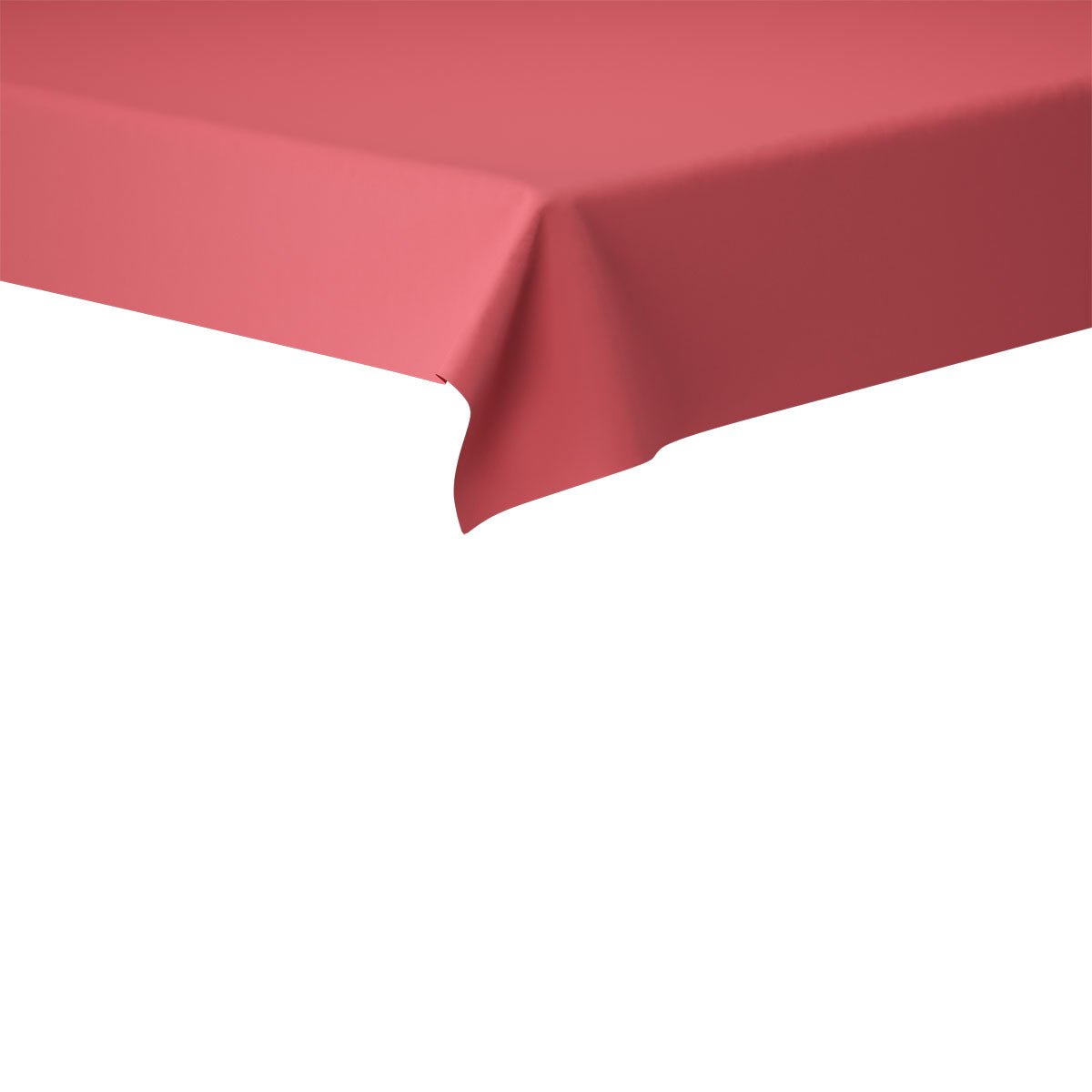Close-up of a rectangular table with a solid pink Duni GmbH Evolin tablecloth 127 x 127 cm, showing a corner where the durable fabric gently drapes over the edge against a white background.