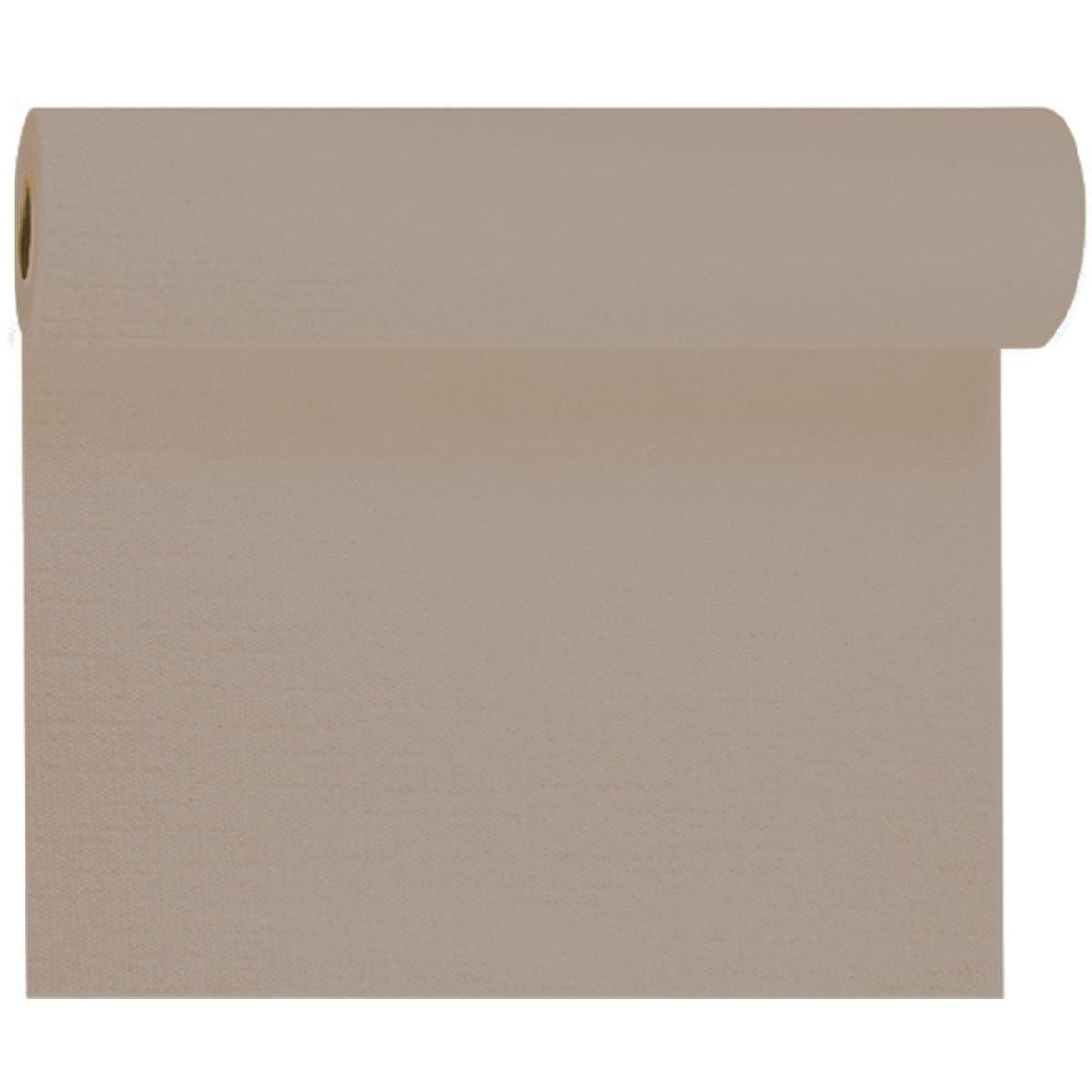 A roll of beige wallpaper, unrolled to reveal its smooth, even texture - ideal for combining with the Evolin table runner Tête-à-Tête 24 m x 0.41 m (20 sections) from Duni GmbH, perfect for a stylish table decoration against a white background.