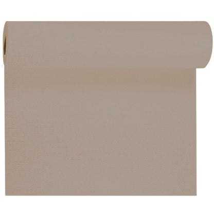 A roll of beige wallpaper, unrolled to reveal its smooth, even texture - ideal for combining with the Evolin table runner Tête-à-Tête 24 m x 0.41 m (20 sections) from Duni GmbH, perfect for a stylish table decoration against a white background.