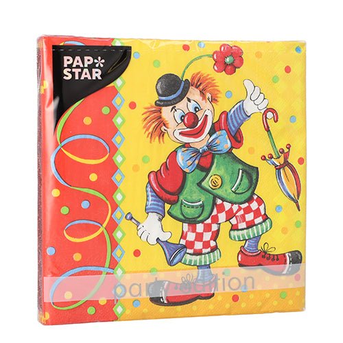 A colorful 3-ply napkin by PAPSTAR GmbH 20 napkins, 33x33 cm set 5, with a cartoon clown on a yellow polka-dotted background.