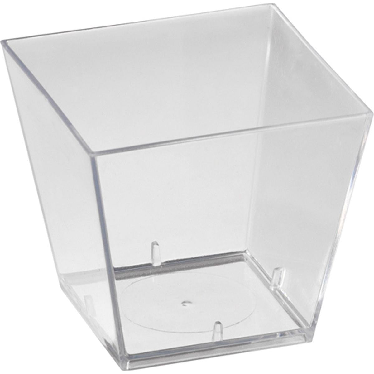 The Duni GmbH Square (Bulk Pack) Transparent PS 47x47x45 Storage Box (Pack of 25) features slightly angled sides and a flat bottom, making it ideal for versatile storage purposes. The image shows the empty box against a white background.