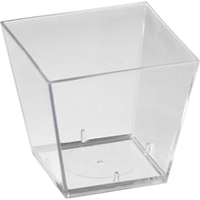 The Duni GmbH Square (Bulk Pack) Transparent PS 47x47x45 Storage Box (Pack of 25) features slightly angled sides and a flat bottom, making it ideal for versatile storage purposes. The image shows the empty box against a white background.