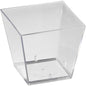 The Duni GmbH Square (Bulk Pack) Transparent PS 47x47x45 Storage Box (Pack of 25) features slightly angled sides and a flat bottom, making it ideal for versatile storage purposes. The image shows the empty box against a white background.