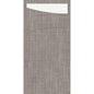 Close-up of a gray textured fabric with a straight seam and a white Sacchetto Dunisoft 230 x 115 mm from Duni GmbH, partially inserted into a horizontal pocket at the top area.