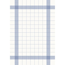 The Duni GmbH tablecloth 38x54 cm, blue has a white background with a blue checkered border and a grid pattern. This high-quality table napkin is delivered in a pack of 250 pieces and offers evenly distributed, symmetrical design elements.