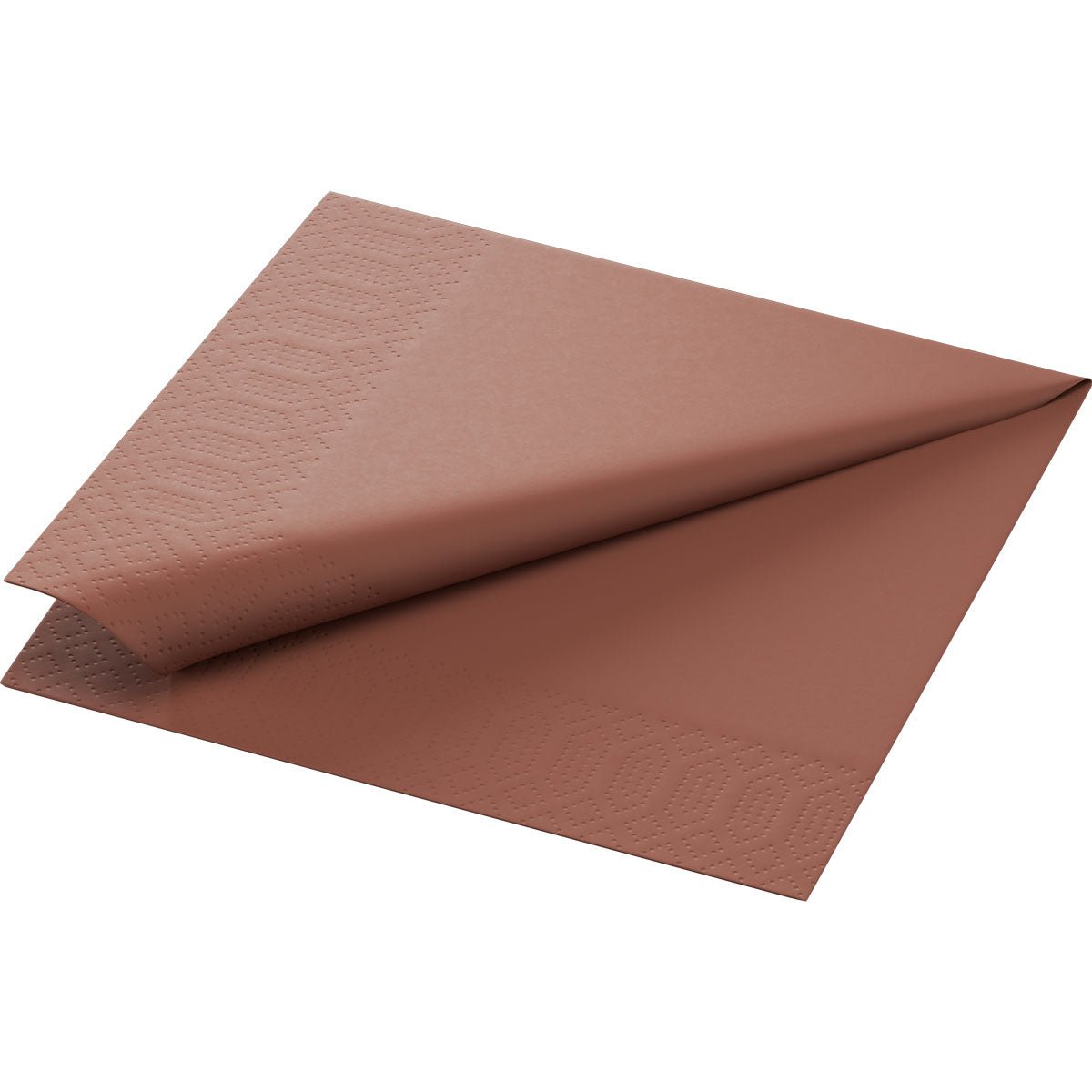 A 33x33 cm, 3-ply tissue napkin, Chestnut by Duni GmbH is folded diagonally, with the textured edge and the smooth center clearly visible. Pack of 250 napkins.