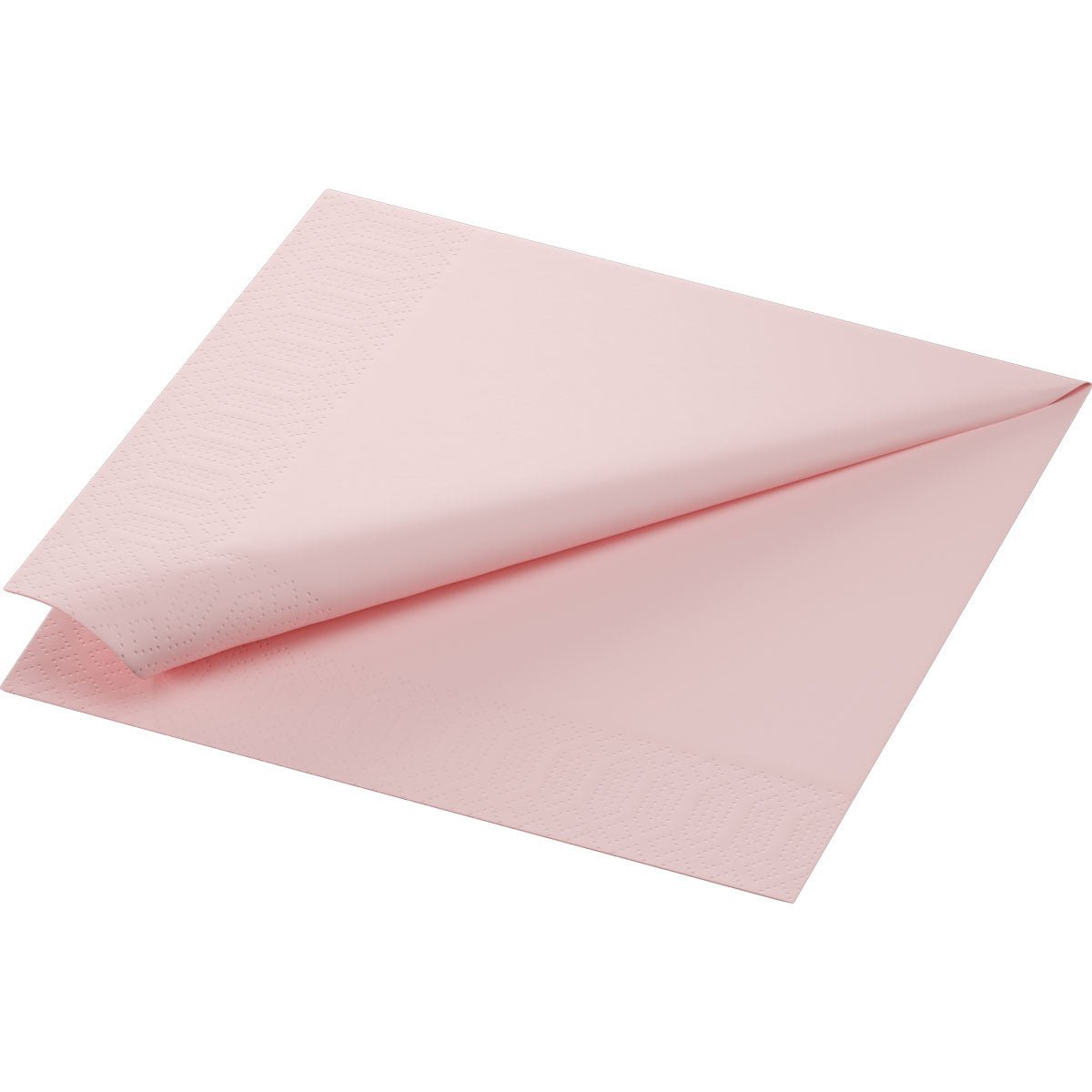 A folded 40x40 cm, 3-ply cellulose napkin in soft pink from Duni GmbH, embossed along the edges, depicted on a white background. The pack contains 250 napkins.