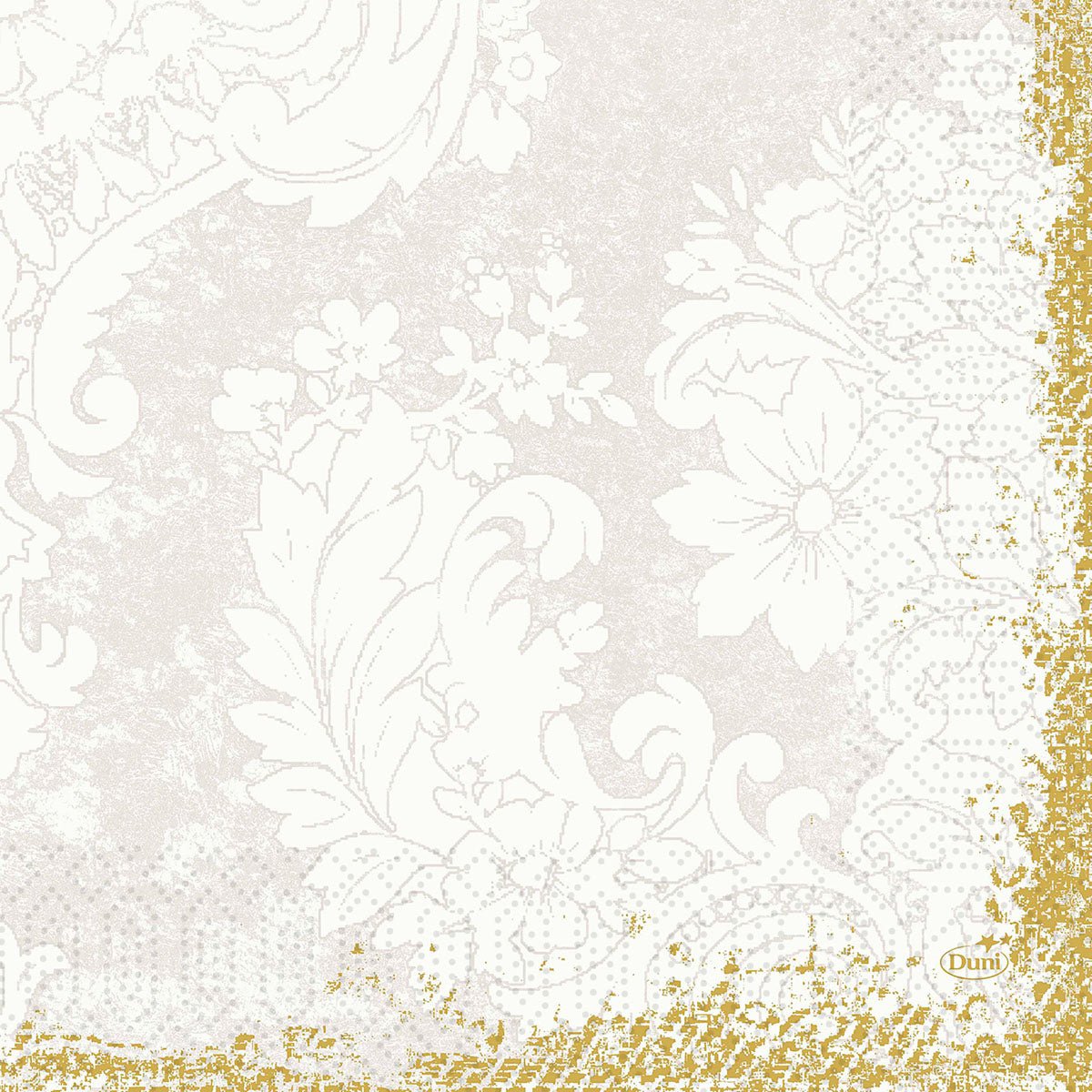 White floral and leaf patterns on light beige, with a golden glitter border on two edges. The 33x33 cm, 3-ply (50-pack) napkins from Duni GmbH are designed in a vintage style with lace and the "Duni" logo in the bottom right corner.