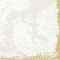 White floral and leaf patterns on light beige, with a golden glitter border on two edges. The 33x33 cm, 3-ply (50-pack) napkins from Duni GmbH are designed in a vintage style with lace and the "Duni" logo in the bottom right corner.