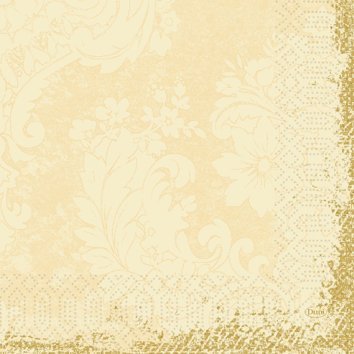 The Duni GmbH cell. napkins 33x33 cm, 3-ply in Royal Cream are characterized by a charming vintage design with floral and ornamental patterns, dotted lace borders, and golden accents. The package contains 250 napkins.