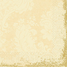 The Duni GmbH cell. napkins 33x33 cm, 3-ply in Royal Cream are characterized by a charming vintage design with floral and ornamental patterns, dotted lace borders, and golden accents. The package contains 250 napkins.