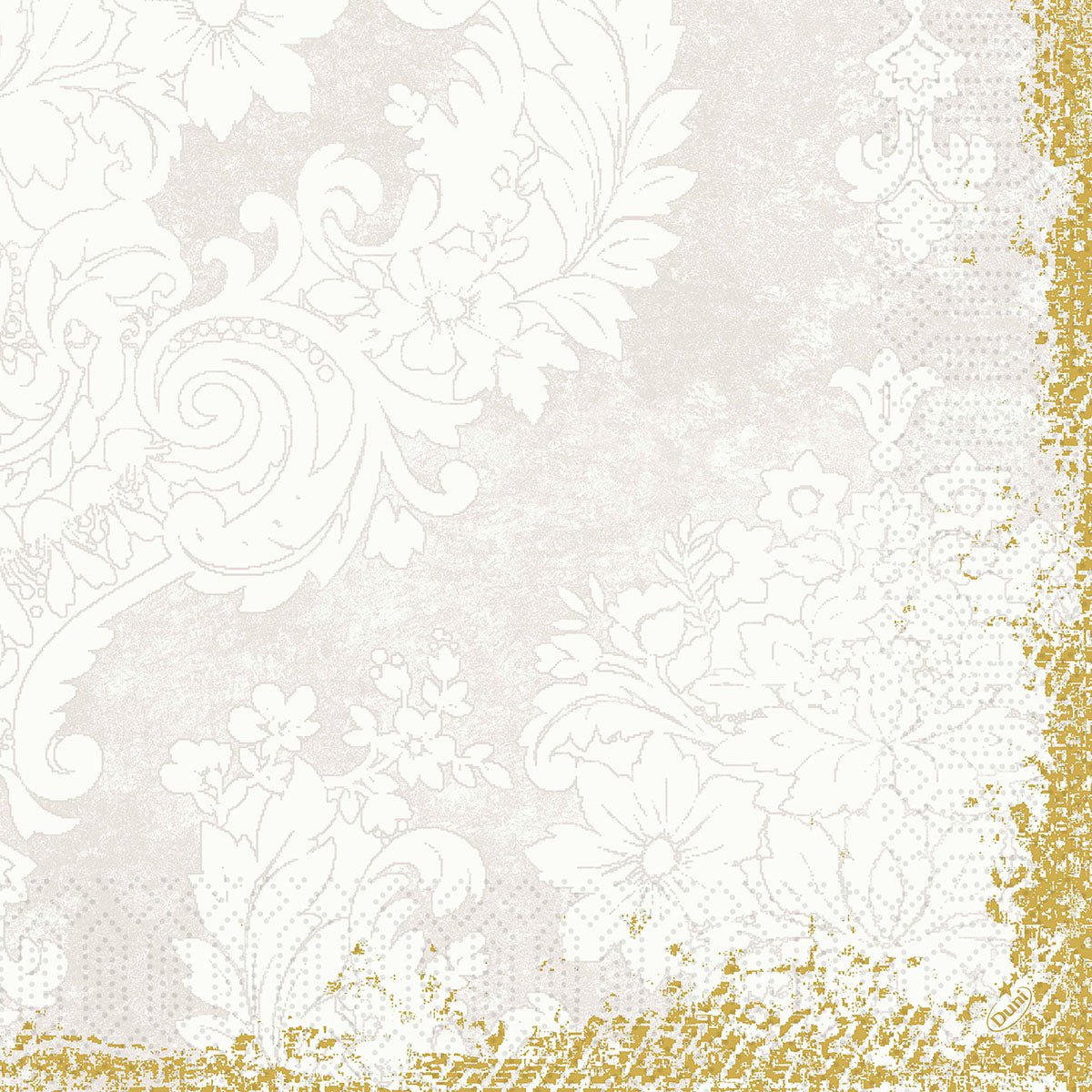 Elegant light beige and white damask pattern with ornate leaves, floral structures, and gold-glittering decorations, perfect for Duni GmbH Zellt napkins 40x40 cm, 3-ply, Royal White | Pack (250 napkins).