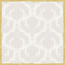 A light gray damask background with ornate, symmetrical floral motifs is perfect for table decoration with the Dunisilk+ tablecloth 84x84 cm in Royal White (pack of 20 pieces) from Duni GmbH. The image is provided with a textured, irregular gold border.
