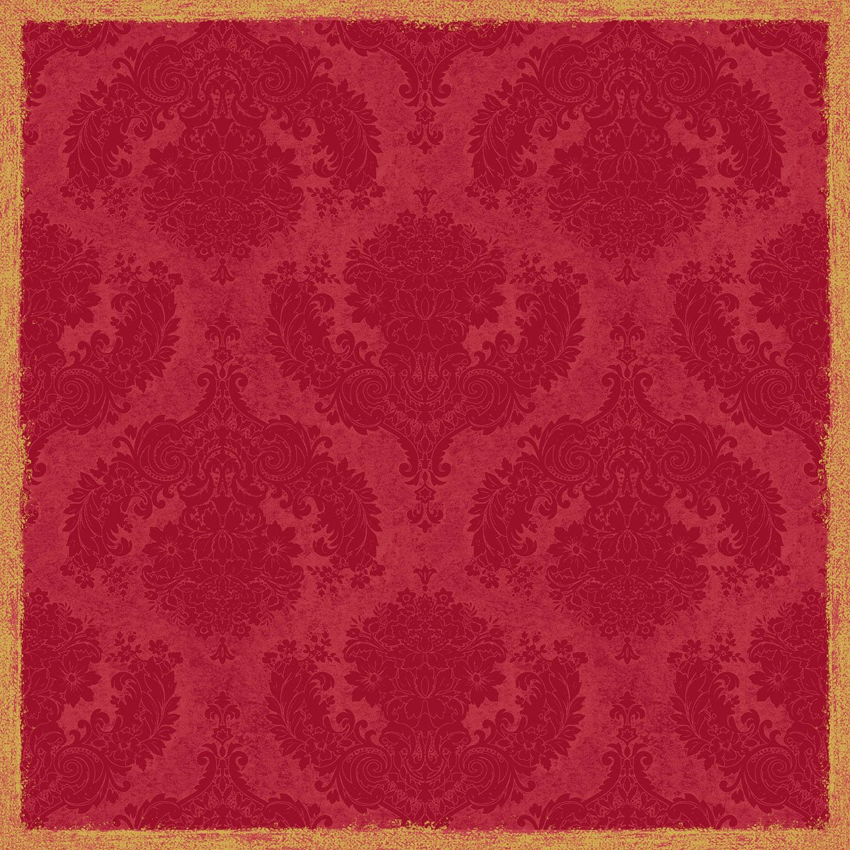 The Dunisilk+ tablecloth 84x84 cm in Royal Bordeaux by Duni GmbH features a red vintage damask design with a textured gold border and ornate floral motifs. It is delivered in packs of 20 pieces and is perfect for elegant table decorations.