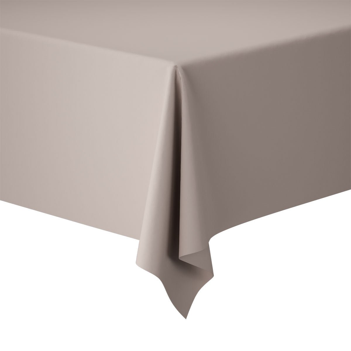 A close-up of the Evolin tablecloths 127 x 220 cm from Duni GmbH shows the smooth, light taupe fabric draping over a rectangular table corner against a plain white background.