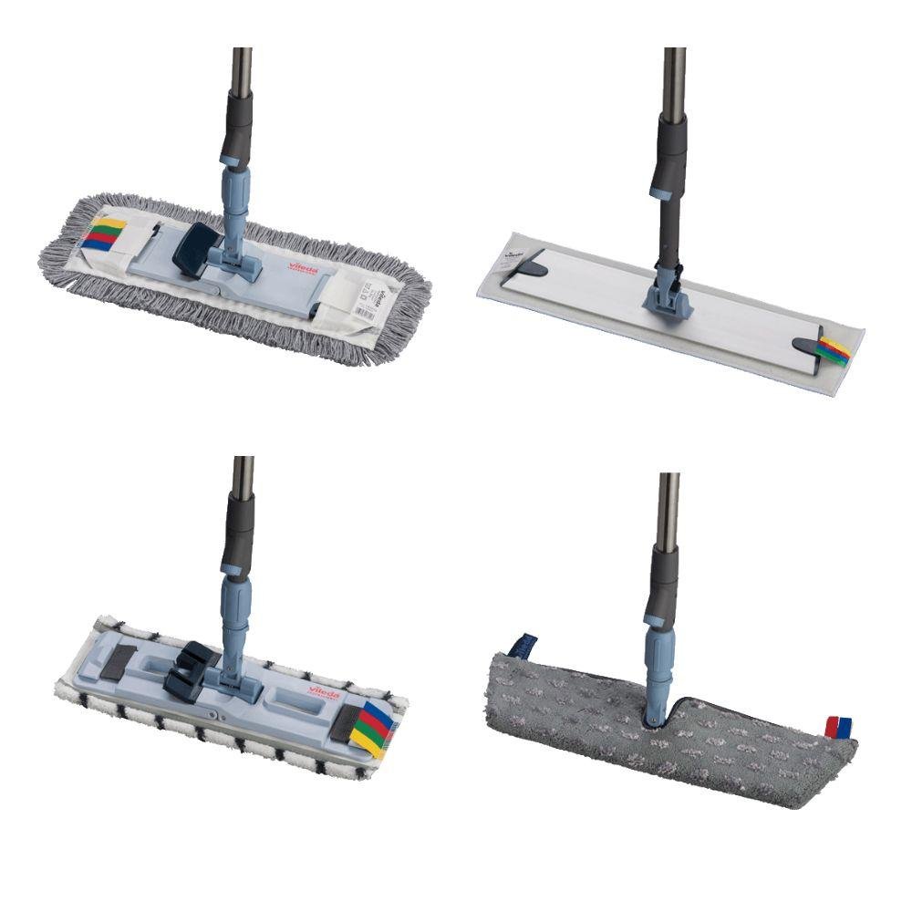 The Vileda Professional SprayPro stainless steel mop holder from Vileda GmbH includes four flat mop types with unique cleaning pads and long handles. Two mops of the floor cleaning system have fringe edges, others are smooth; all feature removable mop heads for versatile cleaning.