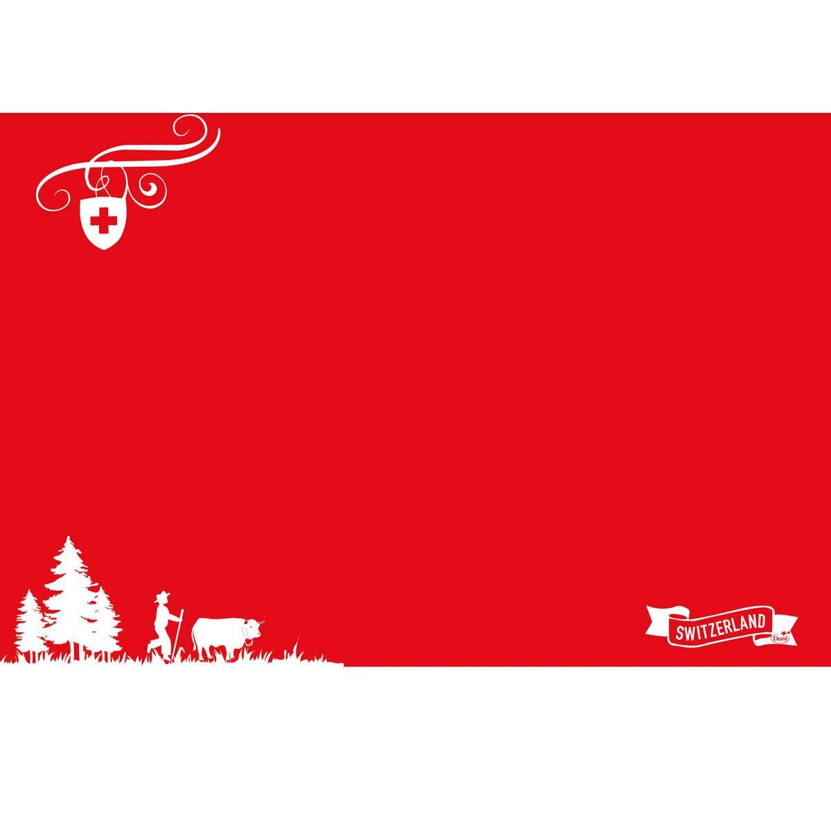 A red and white graphic with a Swiss flag, a figure with a cow and trees, and a "Switzerland" ribbon - perfect for Dunicel placemats 30 x 40 cm Switzerland | Pack (100 pieces) from Duni GmbH.