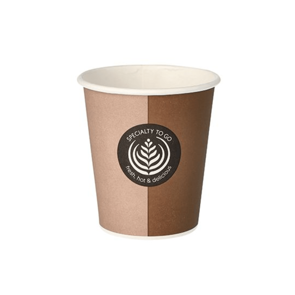 A Starpak paper cup for hot drinks 0.2 l with a central logo in the form of a stylized leaf design and the words "Specialty To Go, fresh, hot & delicious" is prominently placed. This disposable coffee cup is ideal for hot drink lovers and presents itself elegantly against a simple white background.