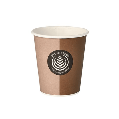 A Starpak paper cup for hot drinks 0.2 l with a central logo in the form of a stylized leaf design and the words "Specialty To Go, fresh, hot & delicious" is prominently placed. This disposable coffee cup is ideal for hot drink lovers and presents itself elegantly against a simple white background.