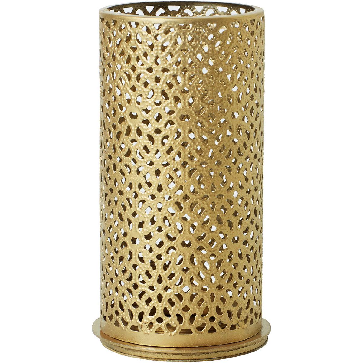 The Bliss candle holder from Duni GmbH (140x75 mm, gold) impresses with its elegant, perforated metal design and solid base - perfect as a decorative holder or organizer. 1 piece per package.