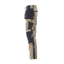 Trousers with hanging pockets, light weight trousers, light khaki/black