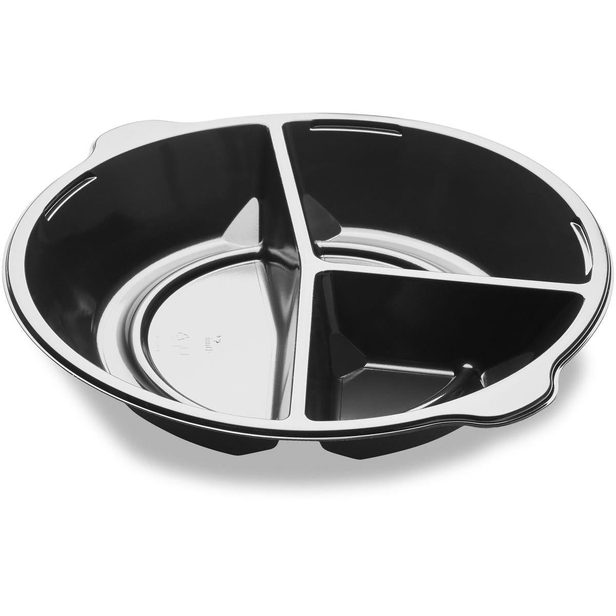 The DF Pearl L3 plate - 3-compartment 3 Black PP Ø250x42 from Duni GmbH has three sections, a raised edge, and a glossy surface. Sold in packs of 300 pieces.