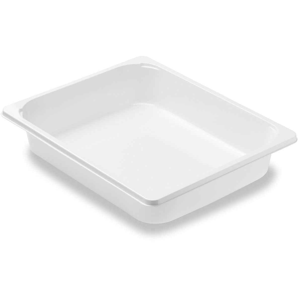 A white Duni GmbH CPET tray 1/2 GN (325x265 mm) made of food-grade CPET, with slightly angled sides and rounded corners, is depicted empty against a white background with a smooth surface.