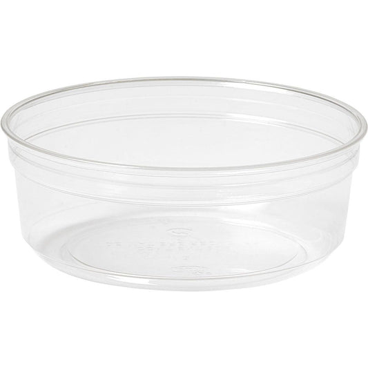 The Deli Bowl Crystal, transparent from Duni GmbH is a clear, round serving bowl without a lid, depicted empty against a white background. The transparent design reveals embossed markings on the bottom.