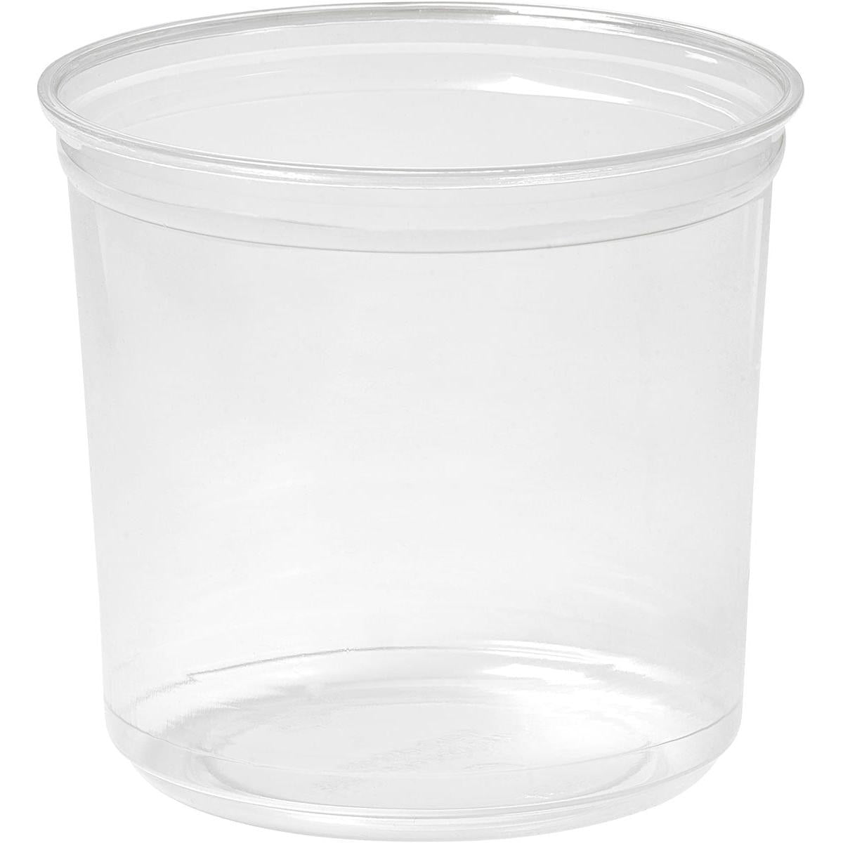 The Duni GmbH Deli Bowl Crystal, transparent, is a clear plastic cup with smooth sides and a slightly flared rim, depicted empty against a white background. The cylindrical cup has no markings or decorations.